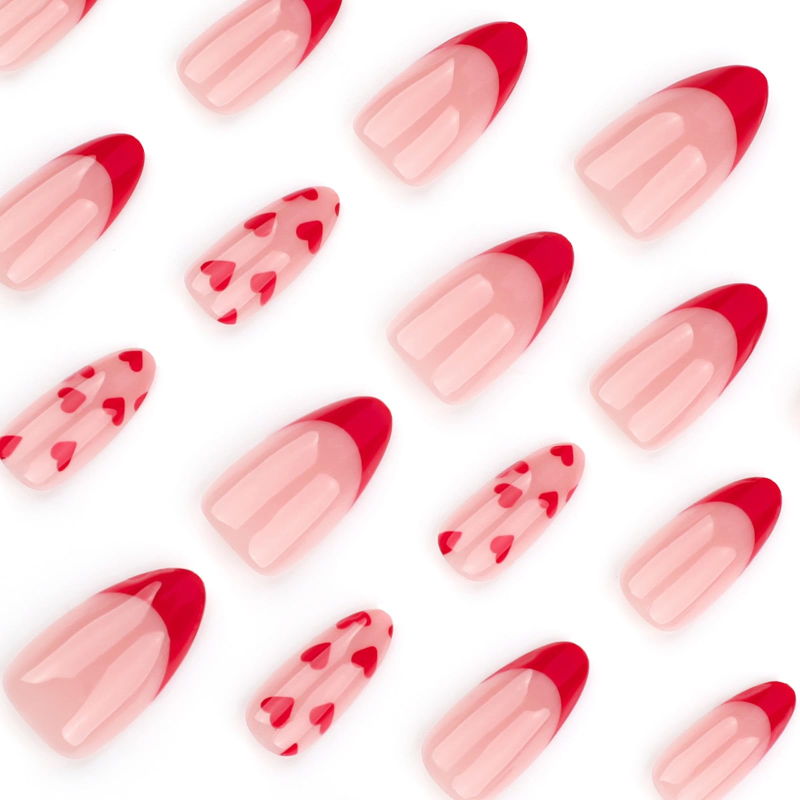 Red Valentines Press on Nails Heart Design Fake Nails Almond Shape Red French Tip Valentines Acrylic Nails Medium Length Glue on Nails Glossy Red Heart Stick on Nails for Women - Image 2
