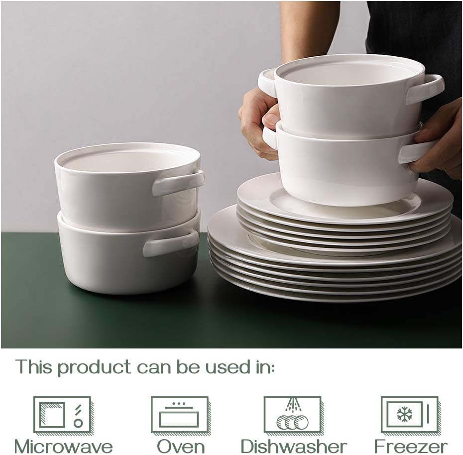 DOWAN Soup Bowls with Handles, 24 ounces Ceramic Serving Soup Bowl Set for kitchen, White French Onion Soup Crocks Oven Microwave Dishwasher Safe, Large Stackable Handled Bowls Set of 4: Health & Personal Care