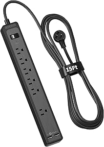 NTONPOWER Surge Protector Power Strip with 15 ft Heave Duty Extension Cord, Flat Plug Power Strip with 6 Outlets 2 USB, Wall Mountable, 15A Circuit Breaker for Office Home Theater, 1080 Joules, Black