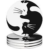 Coasters for Drinks,Black and White Cat Ying Yang Absorbent Coaster Set of 4 with Cork Base,Ceramic Drink Coasters for Cold Drinks Wine Glasses Cups Mugs,Housewarming Gifts for Home Decor