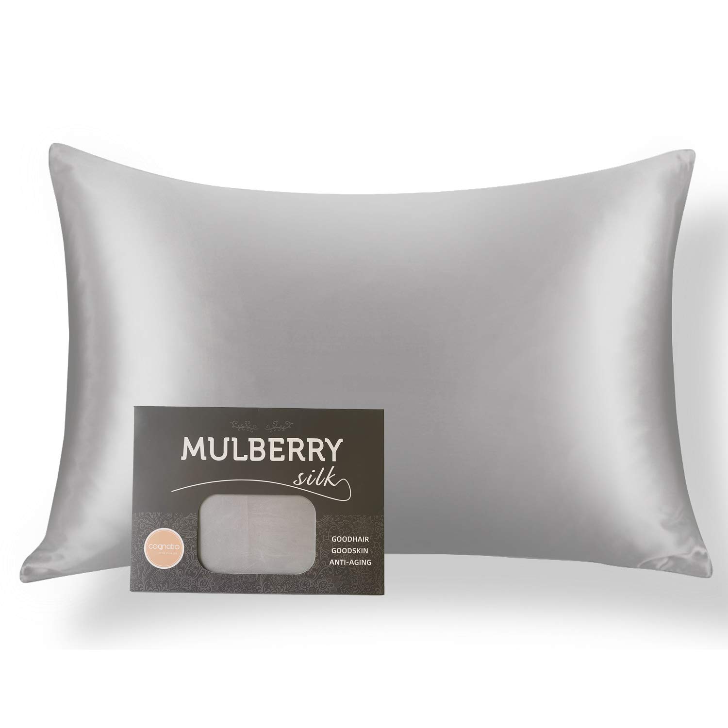 Cognatio 22 Momme 100% Mulberry Silk Pillowcase for Skin and Hair, Both Sides Pure Silk Pillow Case with Hidden Zipper, 1pc, Gift Box Packed, Standard 50 x 75 cm, Silvery Grey