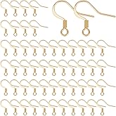 UNICRAFTALE 100Pcs Real 18K Gold Plated Earring Hooks Stainless Steel Ear Wire with Loops Earwire Hooks Fish Hooks Flat Earring Hooks with Coil for DIY Earring Jewelry Making