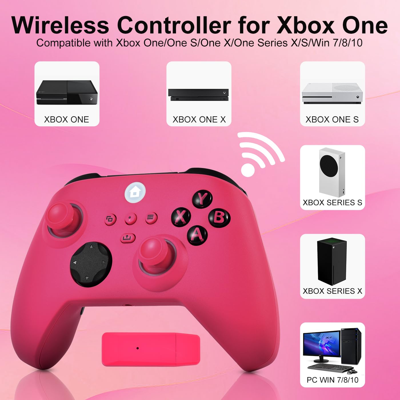 Xbox One Controller, RGB LED Light 2.4GHz Wireless Controller Compatible with Xbox One X/S Xbox Series X/S with 3.5mm Audio Headphone Jack & 800mAh Rechargeable Built-in Battery, Deep Pink