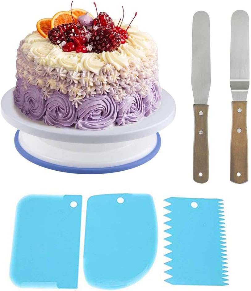 11 Inch Rotating Cake Turntable with 2 Icing Spatula, Set of 3 Icing Smoother - for Baking-Revolving Cake Stand White Baking Cake Decorating Supplies - GFung
