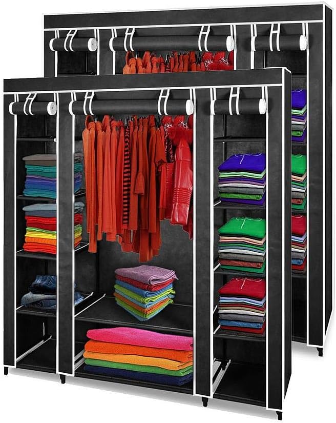 Todeco - Wadrobe, Closet - Material: Stainless steel tubes - Closing type: Velcro parts and zip - 3 doors, 67.7 x 52.8 x 16.9 inch, Black