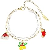 LETFLY Christmas Bracelets for Women, 18K Gold Plated Santa Claus Snowman Christmas Tree Bell Stocking Charms, Stackable Beaded Bracelet Jewelry Gifts for Women