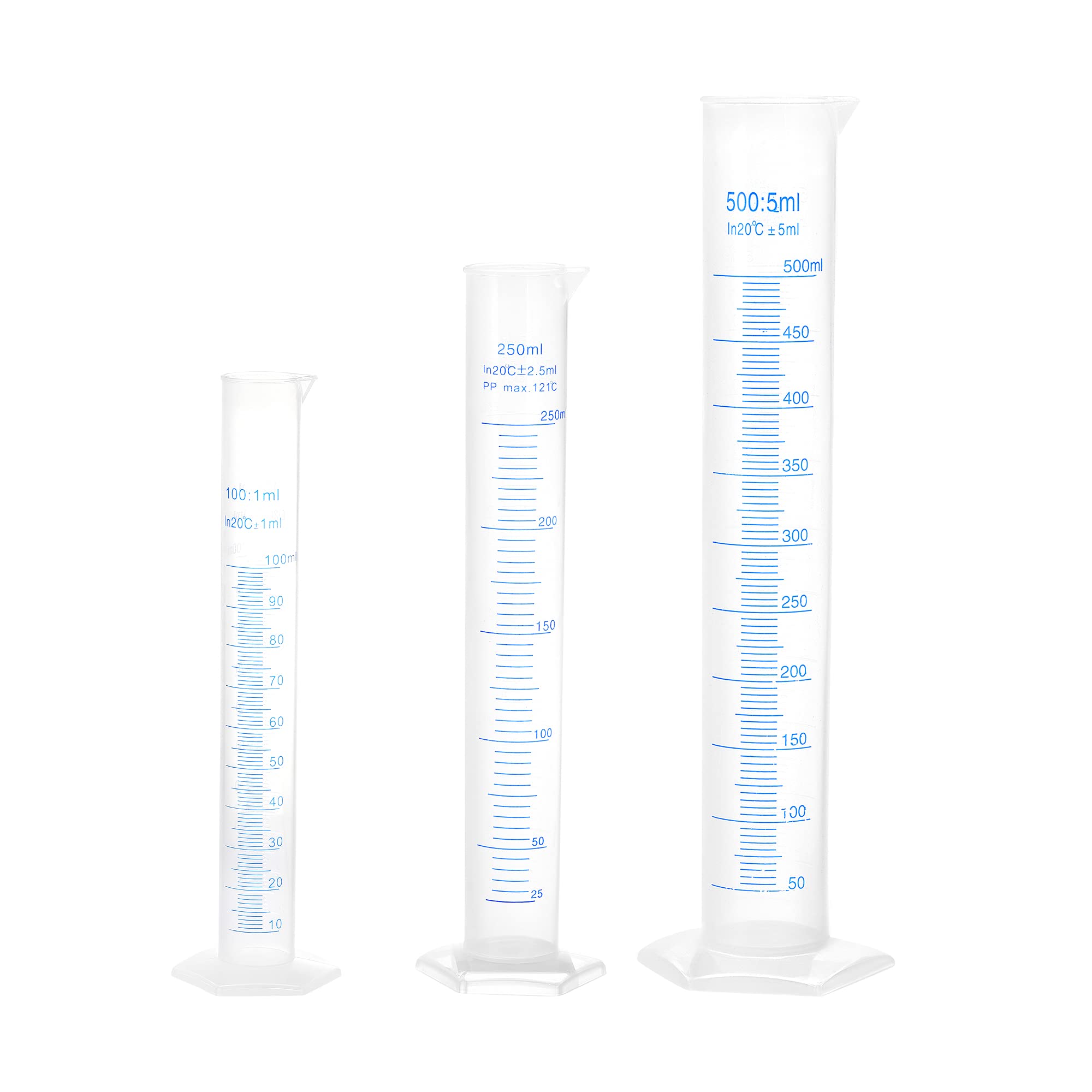 sourcing map Plastic Graduated Cylinder, 100ml 250ml 500ml Measuring Cylinder, Double-Sided Metric Marking, Clear Hex Base, 3 in 1 Set
