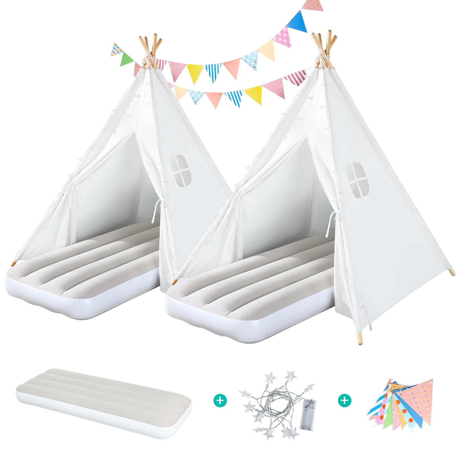Photo 1 of Wilhunter 2 Pack Teepee Tent for Kids with Inflatable Airbed, Light, Indoor Toddler Sleepover Tents Children Room Tents for Slumber Party, Outdoor Kids Play Tent Play House for Girls & Boys