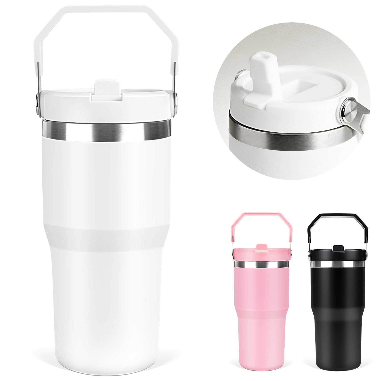 Aliliyタンブラー ストロー付き保冷保温 600ml 水筒 316ステンレス 漏れないボトル 取っ手付 大容量 炭酸飲料ok 蓋付きこぼれない 2way飲み ウォーターボトル 持ち運び 洗いやすい 真空断熱 二重構造 広口 直飲み アウトドア キャンプ 登山 職場 おしゃれ (ホワイト)
