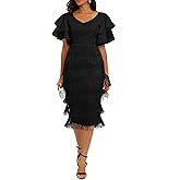VERWIN Women's Fringe Maxi Dress High Waist V Neck Tiered Tassels Dress Ruffles Sleeve Bodycon Prom Dress