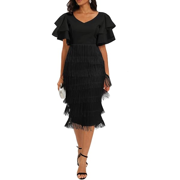 VERWIN Puff Sleeve Bodycon Dress Fringe Maxi Dress V Neck Tiered Tassels  Short Sleeve Prom Dress L Red at Amazon Women's Clothing store