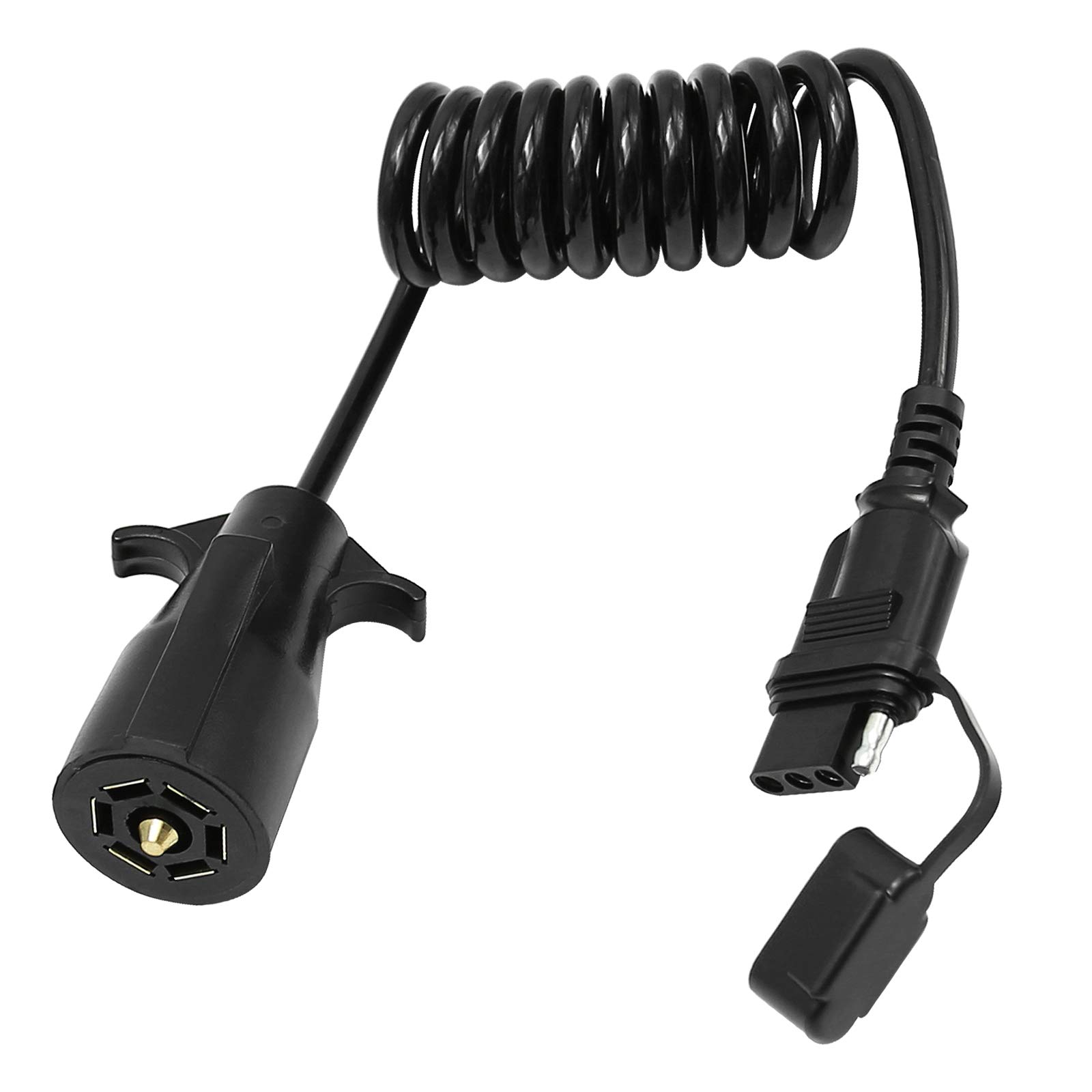 Photo 1 of 5ft 7 Way Round to 4 Way Pin Flat Trailer Connector Adapter Coiled Wiring Cable, Trailer Wiring Adapter Extension Harness for Truck RV Trailer