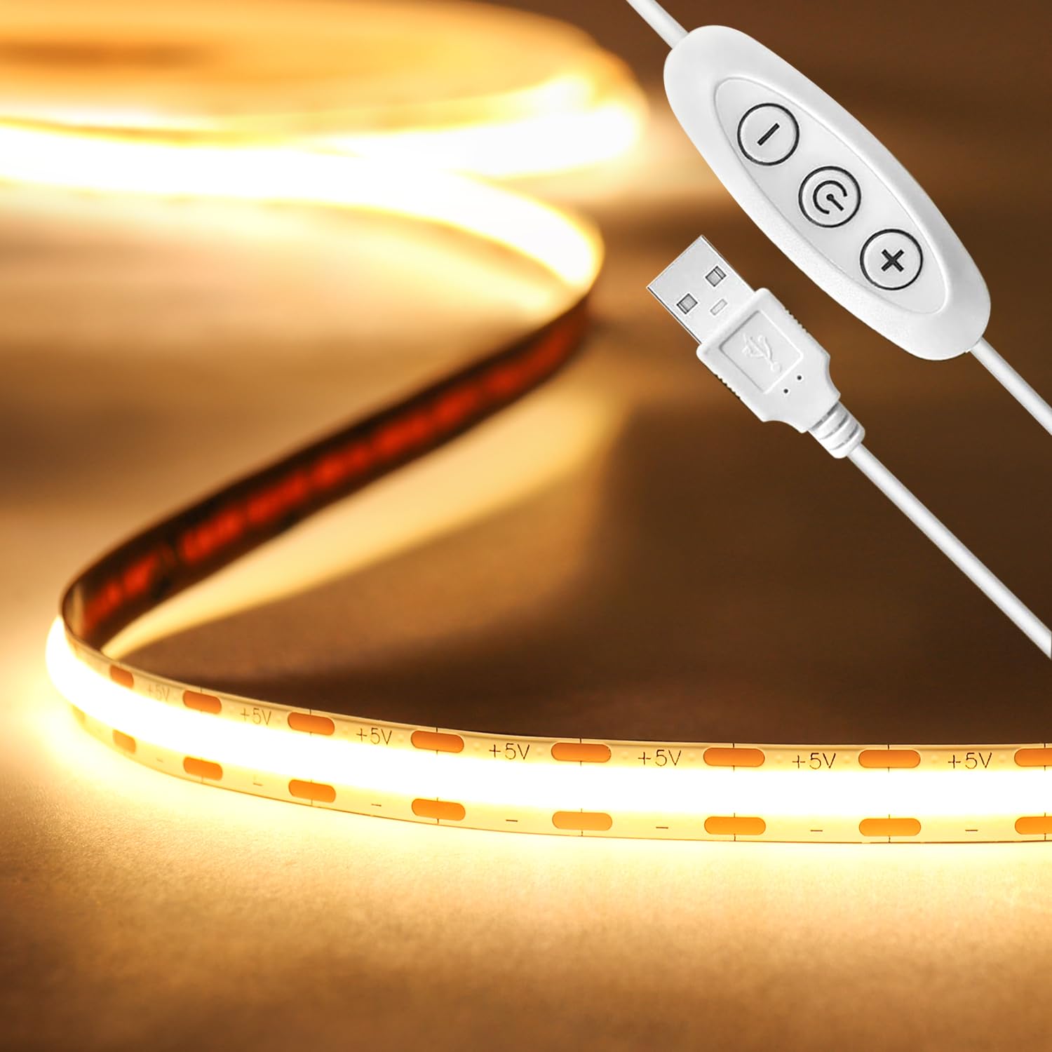 Tayire USB 2m 5V COB LED Strip Light Warm White 3000K, 960LEDs Dimmable LED Tape CRI90+ 8mm Width Flexible TV Backlight, Kitchen Under Counter/Cabinet/Wardrobe/Cupboard/Stairs Step Light
