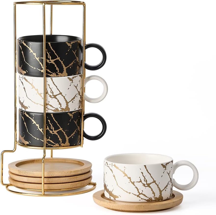 6oz Porcelain Espresso Cups with Metal Stand, 180ml Stackable Ceramic Coffee Mugs Set of 4 for Cappuccino, Latte, Mocha, Tea