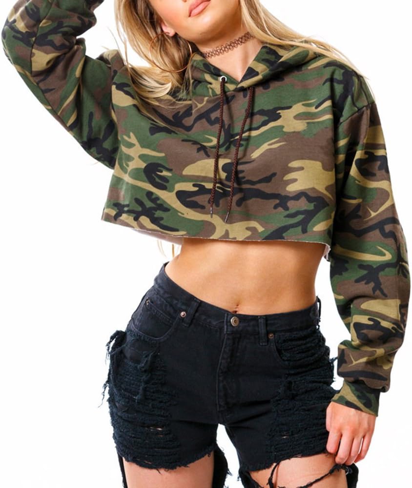 Lurdarin Womens Polyester Hooded Camouflage Sweatshirt Pullover Long Sleeve Crop Top Hoodie