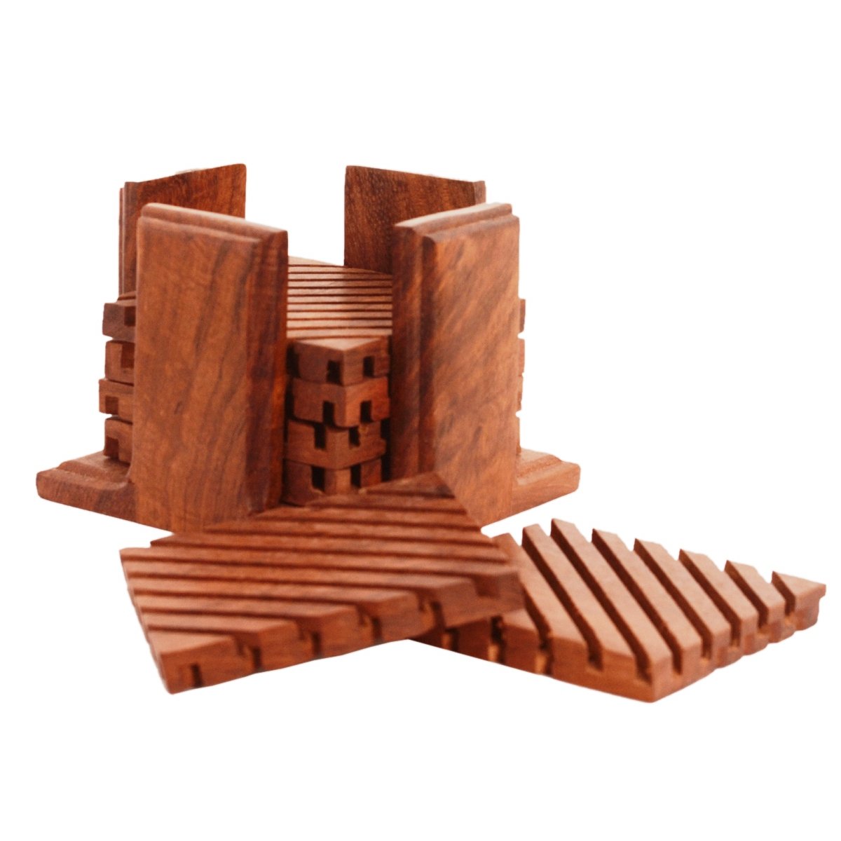 Purpledip Wooden Coasters (Set Of 6) In Unique Cut-work Jaali Design: Dining Table Barware Gift (11142)