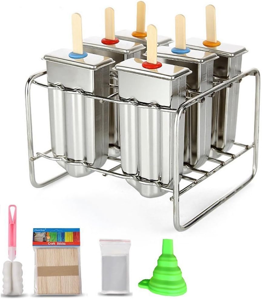 Newell Stainless Steel Popsicle Ice Lolly 6 Pcs Pop Mold, Ice Cream Mould Holder Base Maker Set Includes Silicone Funnel + Cleaning Brush + 30 Reusable Bamboo Sticks