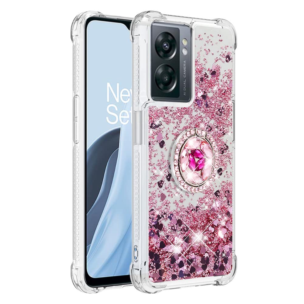 OPPO A57/A57S/A77 Case with Ring Kickstand, Glitter Bling Sparkle Quicksand Flowing Liquid Clear TPU Gel Silicone ShockProof Protective Phone Case for OPPO A57/A57S/A77 Cover Girls, Rose Gold