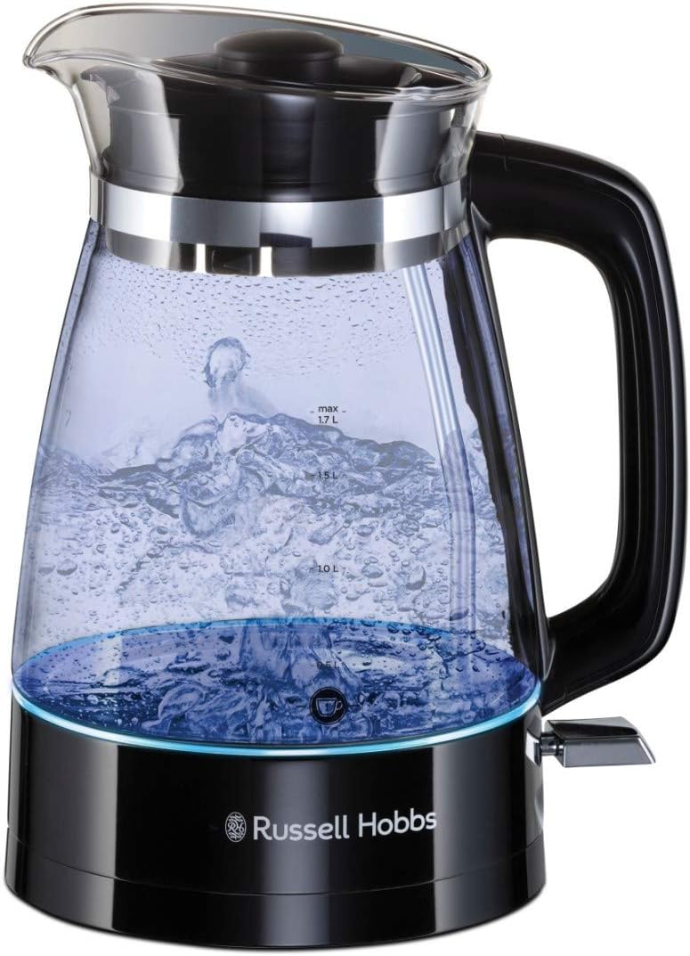Russell Hobbs Carafe Style 1.7L Cordless Electric Glass Kettle with black handle