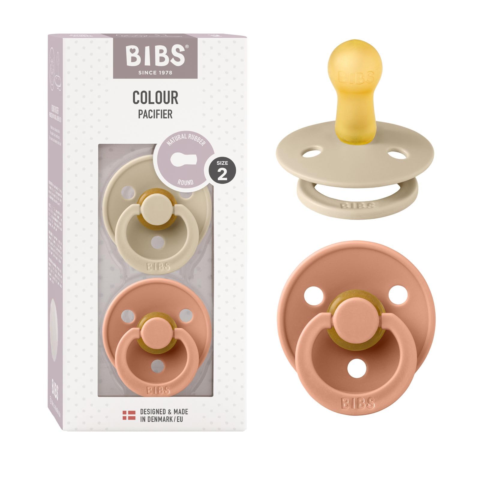 BIBS Colour Soother 2-Pack, BPA Free Dummy Pacifier, Round Nipple. Natural Rubber Latex, Size 2 (6-18 Months), Vanilla/Peach