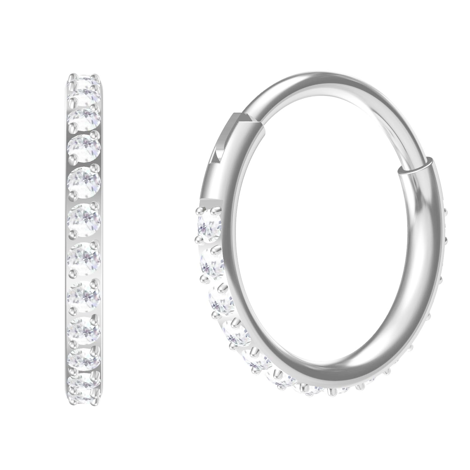 NewkeepsR Steel 20G×10mm Medical Implant Grade Diamante Jeweled Diamond Nose Ring Hoop, Hinged Hypoallergenic Paved Clear Gems Line Orbital Earring Jewellery Piercing for Women