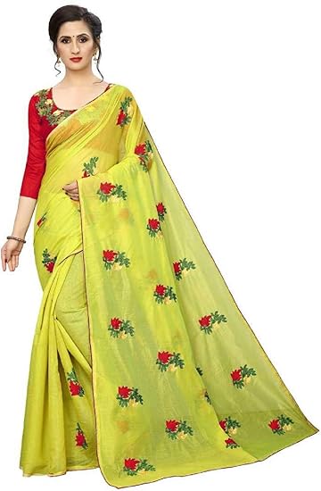 RAJESHWAR FASHION With RF Womens Chanderi Chanderi Saree With Blouse Piece (YELLOW CHANDERI EMB WORK_Yellow)
