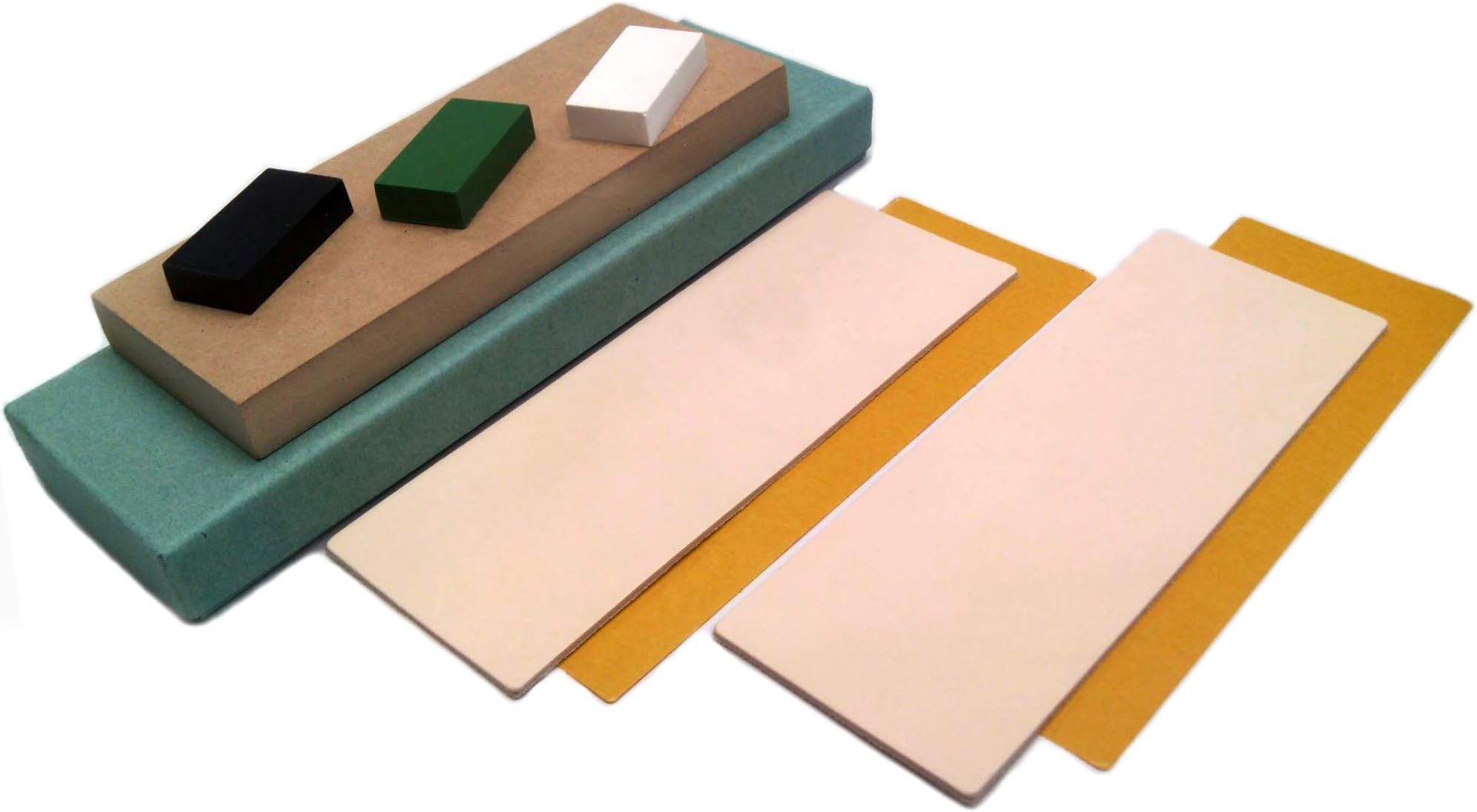 Strop Block Kit. 2 Leather Honing Strops 3 Inch by 8 Inch + MDF block + 3 One Oz. Black, Green & White Sharpening Polishing Compounds + Double-Sided Adhesive Tapes. All-in-one by Upon Leather