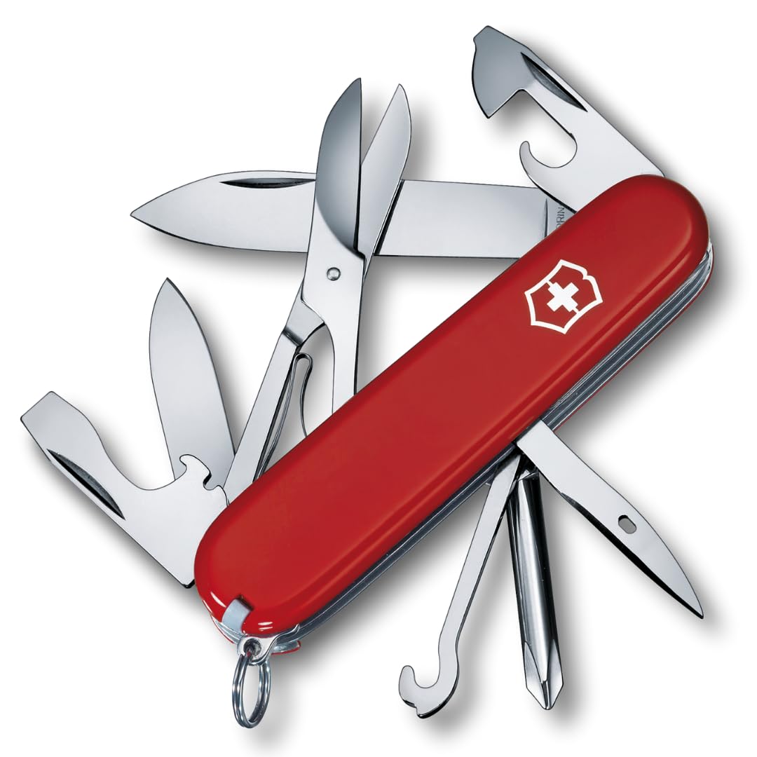 Photo 1 of Victorinox Super Tinker Swiss Army Knife, 14 Function Swiss Made Pocket Knife with Large Blade, 2 Screwdrivers and Multipurpose Hook - Red