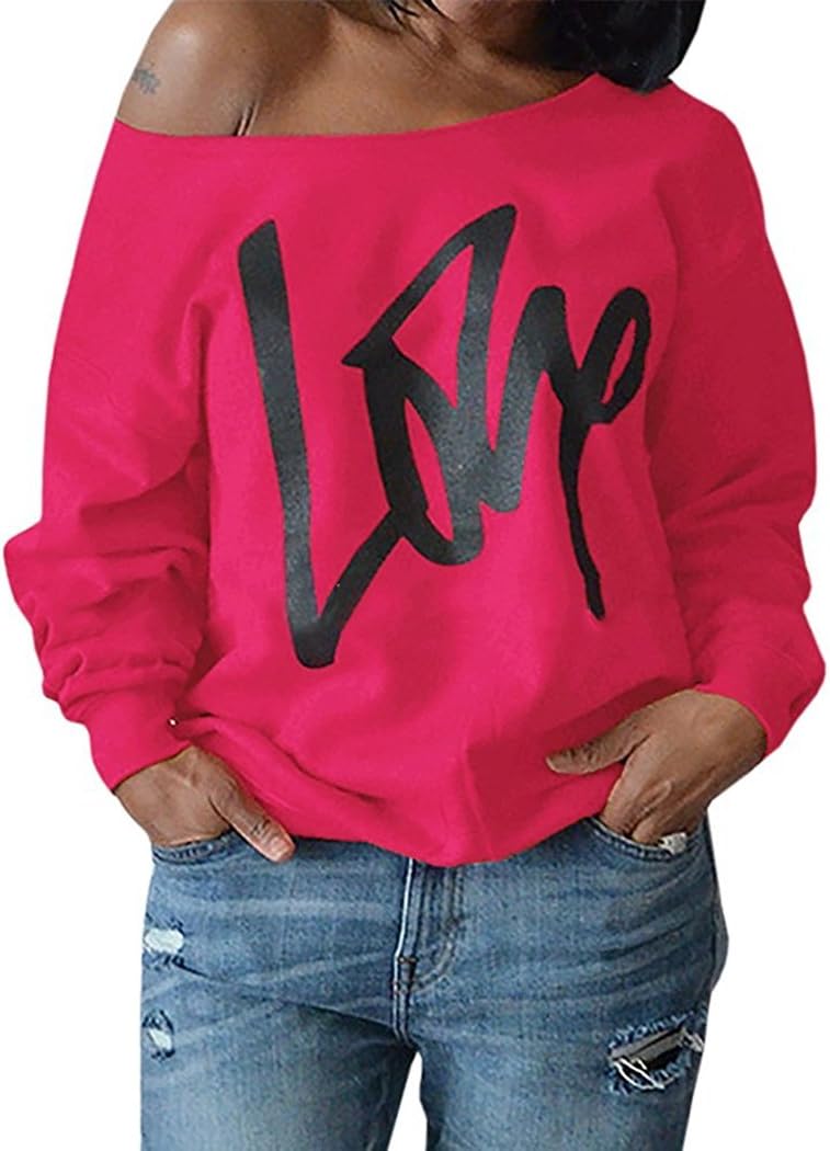 Womens Plus Size Off Shoulder Pullover Sweatshirt Love Letter Printed Tops Shirts 4XL Rosered