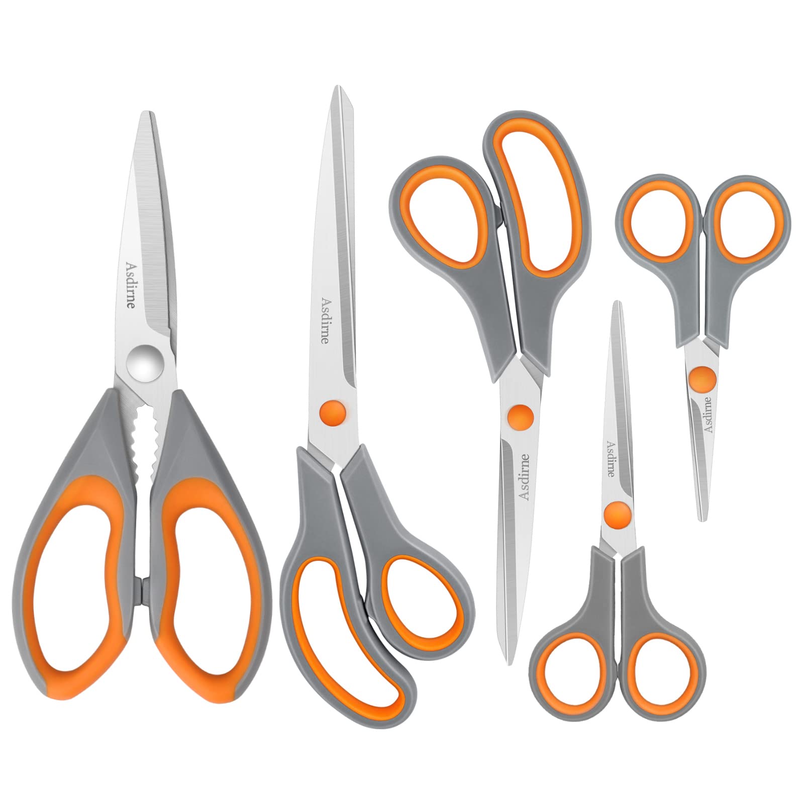 Asdirne Scissors, Kitchen Scissors with Sharp Stainless Steel Blades and Soft Handles, Multifunctional Scissors Set, 5PCs, Orange/Grey