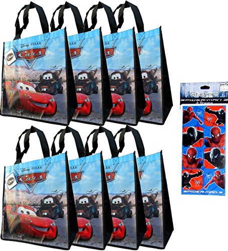 8-Pack Pixar Cars Tote Bags (Large 16"X15"X7") And 8 Sheet Spiderman Stickers (3"X6") And 8 Kooky Silicone Bracelets