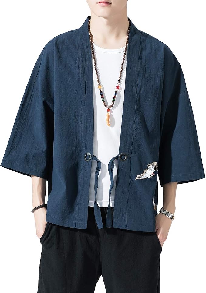 Cardigan Kimono Homme PERDONTOO - Manches Courtes - Coton/Lin - Blanc - Taille L - Décontracté