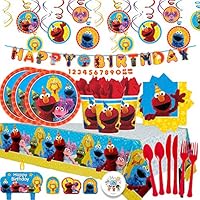 Another Dream Sesame Street Mega Birthday Party Pack with Decorations for 16 with Plates, Napkins, Cups, Tablecover, Candles, Cutlery, Swirls, Birthday Banner and Exclusive Pin