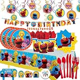 Another Dream Sesame Street Mega Birthday Party Pack with Decorations for 16 with Plates, Napkins, Cups, Tablecover, Candles, Cutlery, Swirls, Birthday Banner and Exclusive Pin