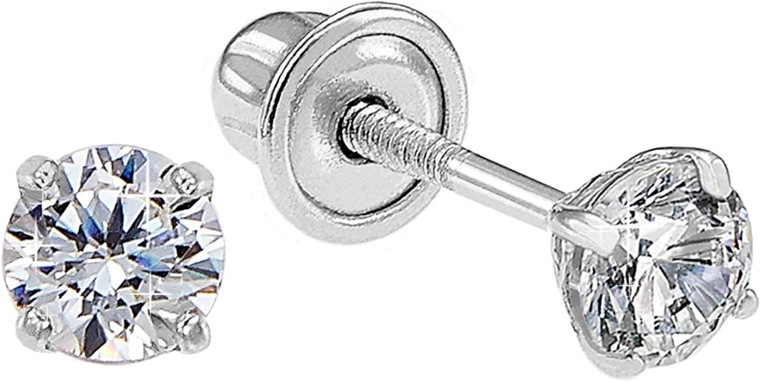 14k White Gold Solitaire Round Cubic Zirconia CZ Stud Earrings in Secure Screw-backs