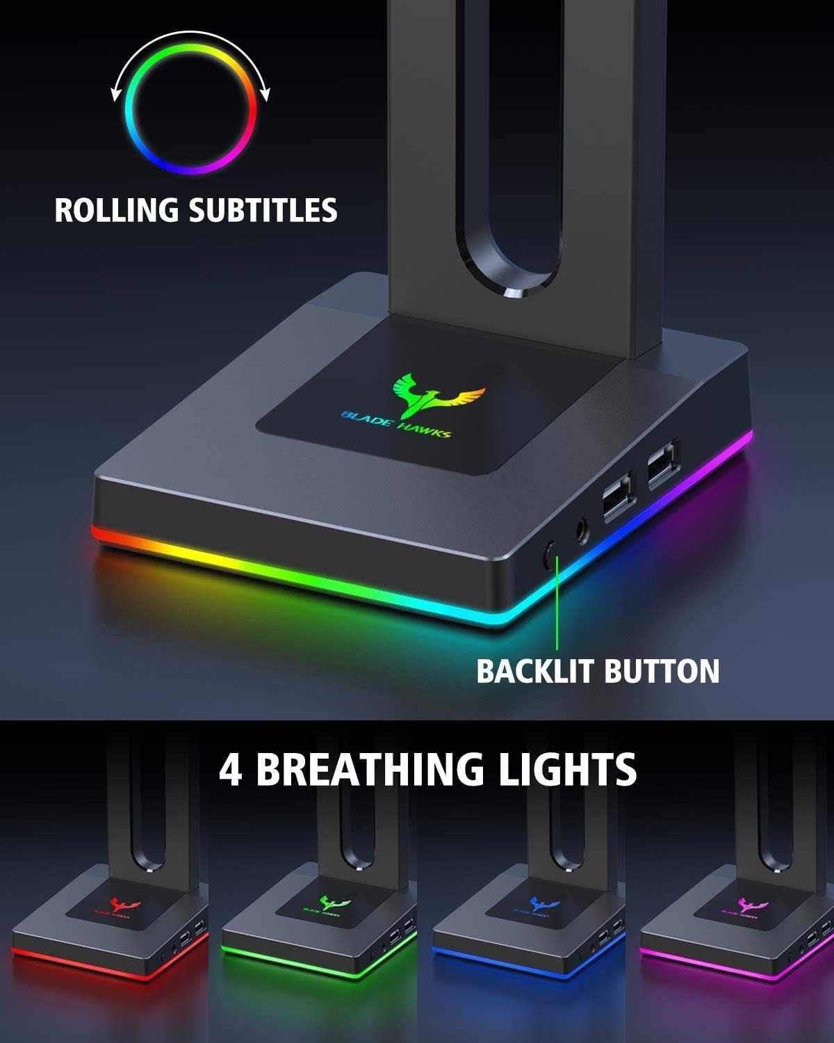 Blade Hawks RGB Gaming Headphone Stand with 3.5mm AUX and 2 USB Ports, Durable Headset Stand Holder for Bose, Beats, Sony, Sennheiser, Jabra, JBL, AKG, Fancy Gaming Accessories - HS18 (Only for PC): Electronics