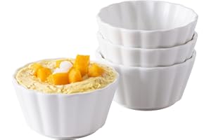 LUSTIDE Ramekins 12Oz Oven Safe, Set of 4, Porcelain Souffle Custard Cups Dishwasher Safe and Microwave Safe, Flower-Shaped Condiments Cups, White.