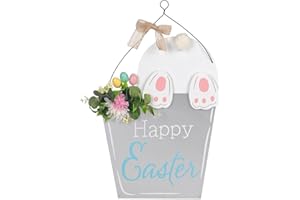 DECOR UNLIMITED Easter Decorations - 13.6" Easter Wooden Bucket Shaped Bunny Wall Wood Hanging Art Sign Decor, Easter Wreaths for Front Door Home Coffee Shop Bakery Farmhouse Window