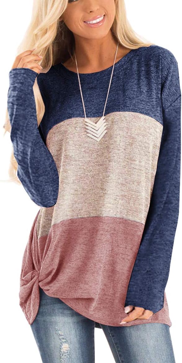 Twotwowin Women's Summer Tunic Tops Color Block Side Twist Knotted Short Sleeve Shirts Casual Blouse