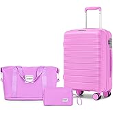 LARVENDER Luggage Sets 3 Piece, Hardside PP Carry On Suitcase with 360° Spinner Wheels TSA Lock Luggage Sets for Women, Neon Pink