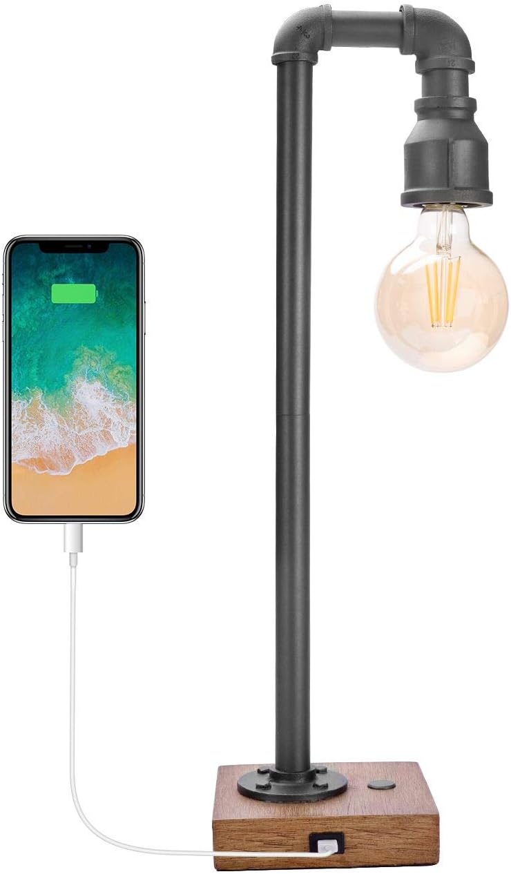 Industrial Table Lamp With Usb Charging Port 3 Way Dimmable Touch Control Bedside Lamp Water Pipe Steampunk Lamp Iron Vintage Nightstand Lamp For Living Room Bedroom Office 6w Led Bulb Included