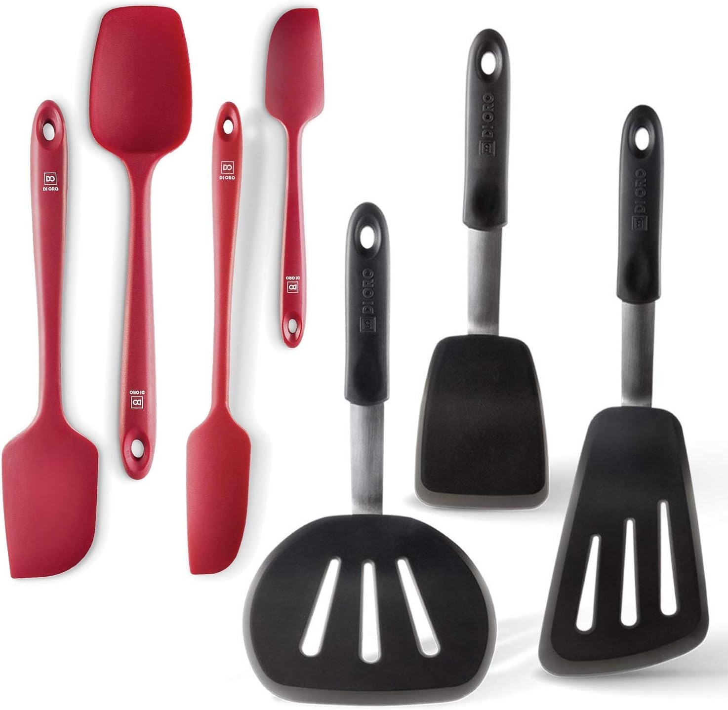 DI ORO Chef's Choice 7-Piece Silicone Spatula Set - 600F Heat-Resistant Rubber Spatulas - 3 Turner Spatulas and 4 Seamless Spatulas - Silicone Kitchen Utensil Set for Cooking and Baking (Red)