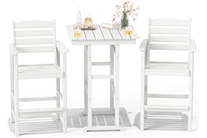 FOOWIN 3 Piece Outdoor Bar Height Table and Chairs, All Weather HDPE Patio Bar Set Outdoor Bistro Set,Adirondack Bar Chairs Set of 2 Outdoor Furniture for Bistro, Poolside, Backyard White