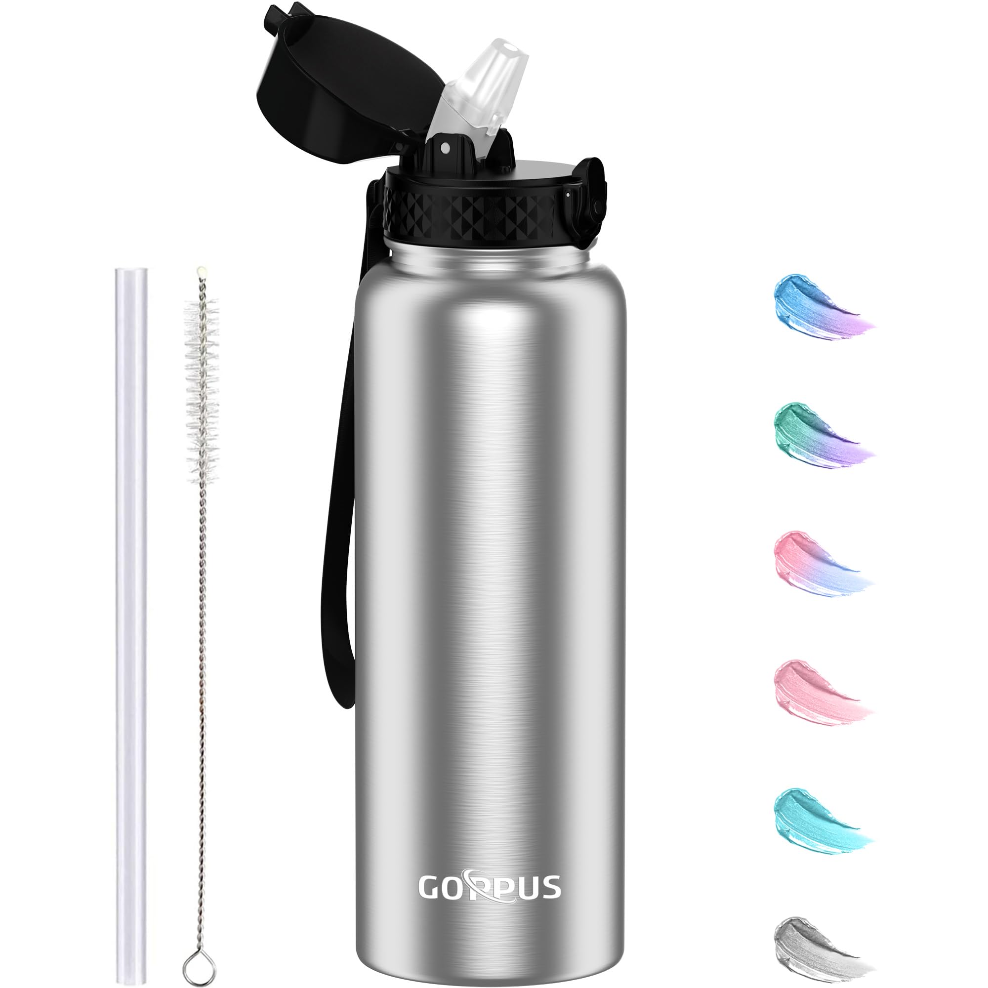 GOPPUS 1.2L/40oz Stainless Water Bottle with Straw Double Wall Insulated Bottles with Strap Large Vacuum Thermal Flask Leakproof Keep Cold Drinks Bottles with Flip Top Lid for Men Women BPA Free