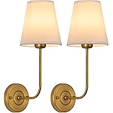 TERLEENART Hardwired Wall Sconce Set of 2 with Flared Shape White Textile Shade Curved Arm and Antique Brass Finish Metal Bas