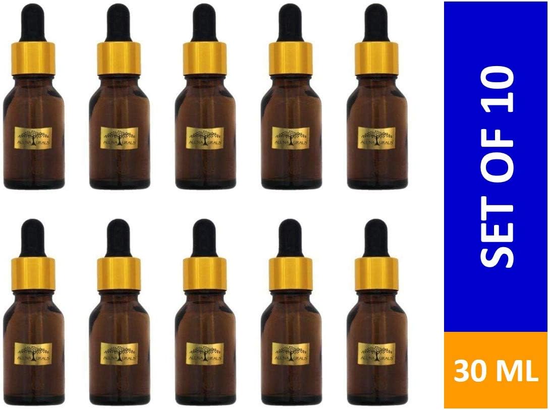 All Naturals Amber Glass Bottles (30ml each) for Essential Oils, Blends, DIY Perfumes, Face Oil with Dropper and Metallic Cap