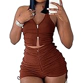 PYAEAS Summer Two Piece Outfits for Women, Casual Stretchy Ribbed Tank Crop Top Ruched Shorts Set Workout Tracksuits