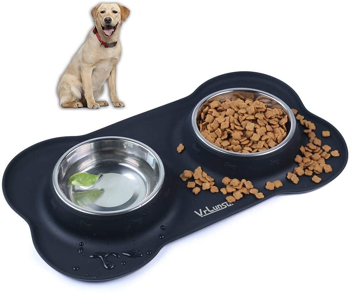 SeeKool Dog Bowls Non-Spill Silicone Bone Shape Tray Double Stainless Steel Bowls for Medium Dogs Water Food Feeding, Collapsible Removable, Heightened Edge for Messy Eaters (L)