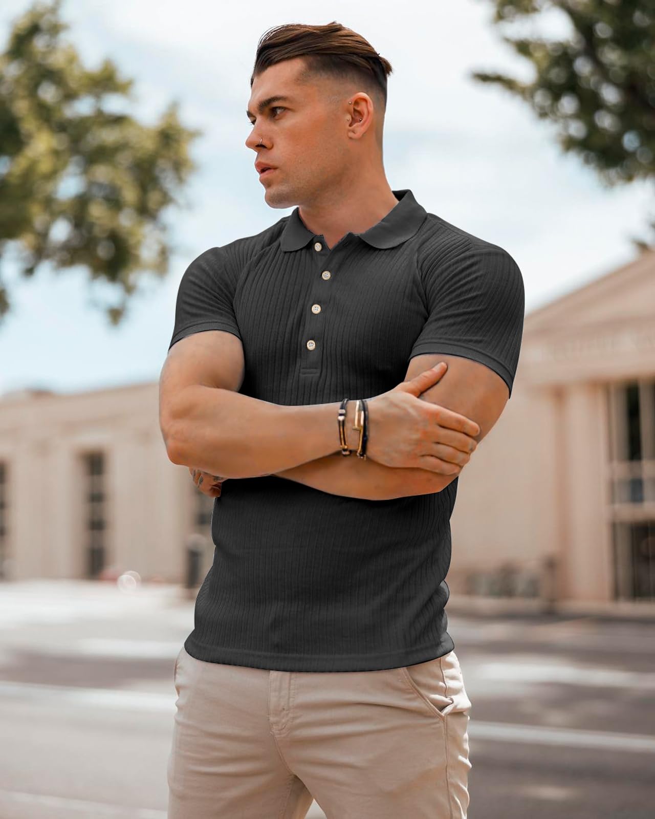 onzcy Muscle Polo Shirts for Men Short Sleeve Slim Fit Golf Shirts for Men Casual Dry Fit T Shirts Ribbed Knit Bowling Shirts