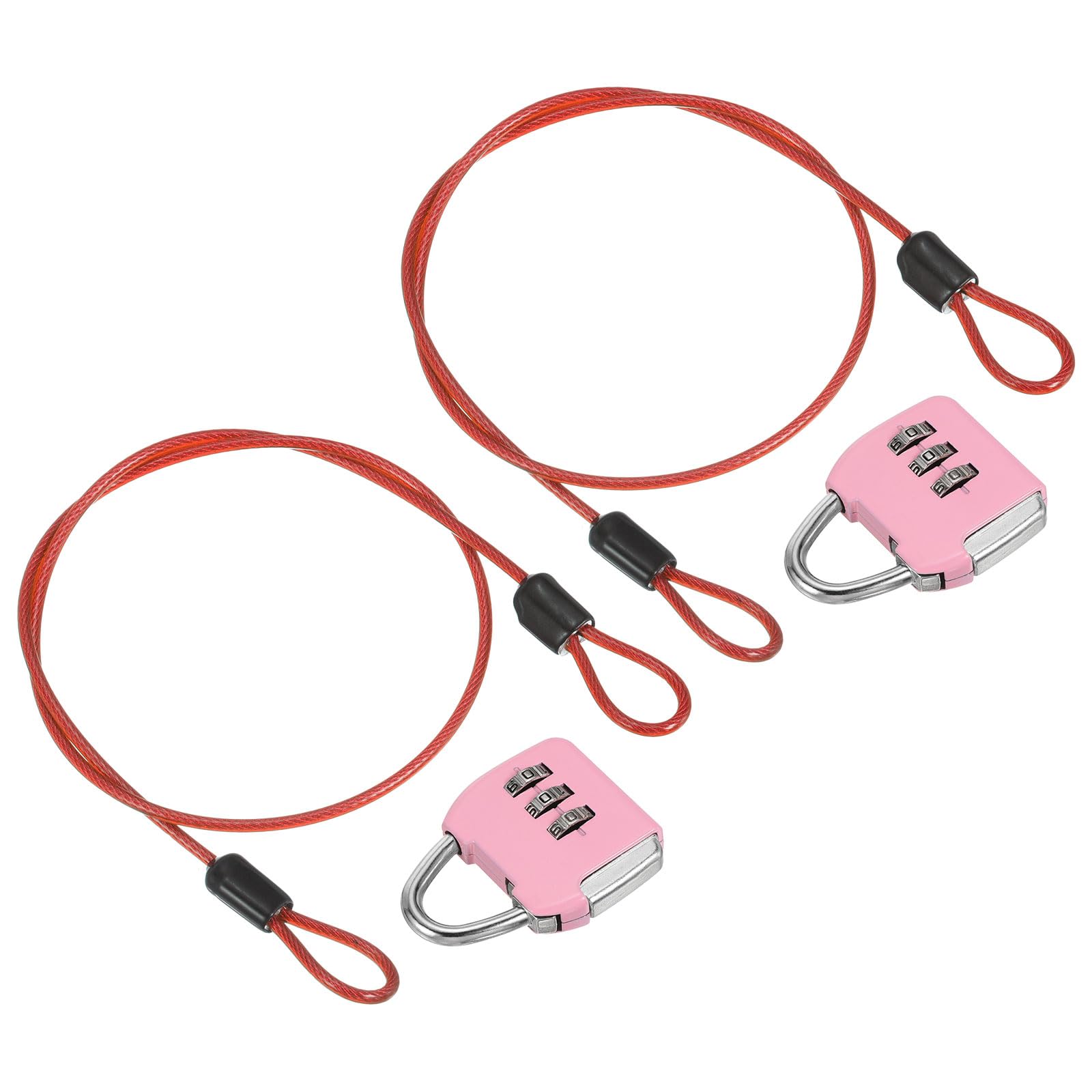 PATIKIL Security Steel Cable with 3 Digit Combination Lock, 2 Set Travel Padlock 1.6Ft Coated Safety Wire Rope Double Loop for Luggage Suitcase, Pink